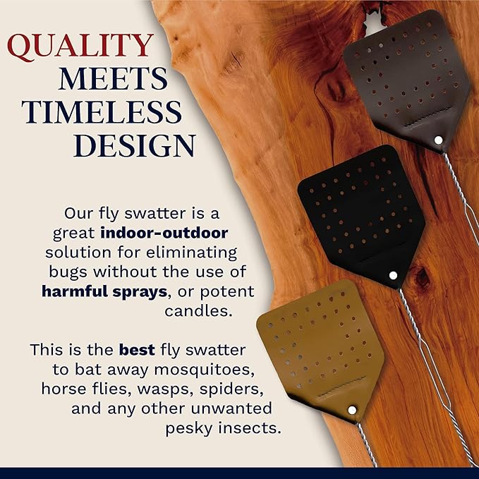 Leather Fly Swatter Set (2 Pack) – 17” Amish-Made Fly Swat w/Real Leather Paddle – Fly Swatters Multi Pack w/Metal Handle – Bug Swatter, Mosquito Swatter, Wasp Swatter (Brown)