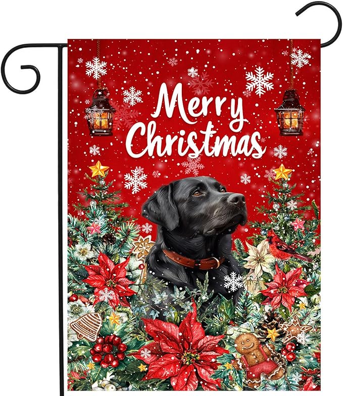 Christmas Black Lab Garden Flag Merry Christmas Labrador Dog Yard Flag for Outside Xmas Flags 12x18 Double Sided Red Poinsettia Garden Flags Winter Porch Outdoor Decor