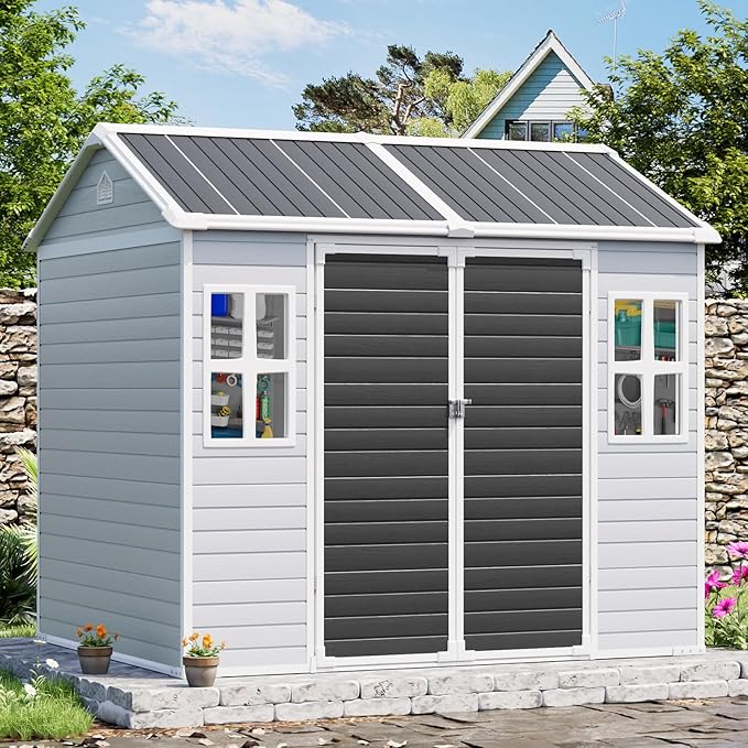 CDCASA 8x6 FT Resin Storage Sheds with Floor, Waterproof Large Outdoor Sheds & 2 Windows,Outside Plastic Tool Shed for Backyard Garden Patio Lawn