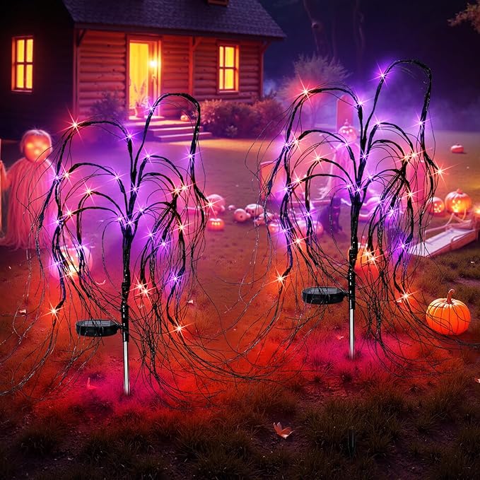 2 Pack Halloween Solar Lights Outdoor, 64 LED Weeping Willow Tree Stake Lights with 8 Mode, Waterproof Solar Pathway Lights for Garden Patio Yard Outdoor Decor (Purple Orange)