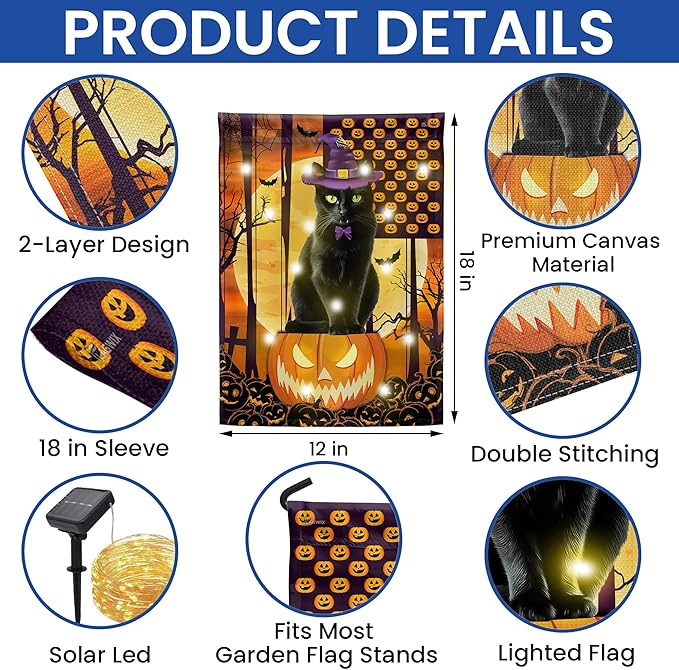 FLAGWIX Halloween Garden Flag - Solar Flag Light for Garden Decor 11.5"x17.5" - Fall Flags for Halloween Decorations, Black Cat Yard Flags for Fall Outdoor Decor, Outside Decorations for Yard
