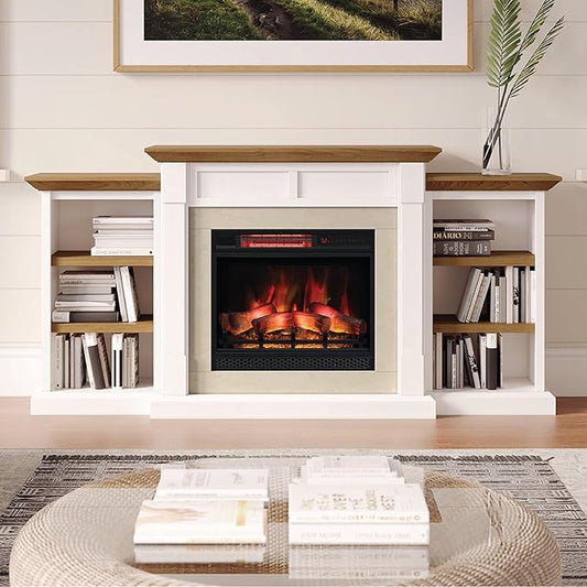 Country Living Belhaven 74 Inch Bookcase Mantel Package | 23 Inch Electric Fireplace Insert Heater with Remote | Warm Walnut Shelving | Marble or White Trim | Multi-Color Flames