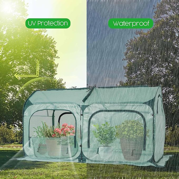 Pop up Greenhouse Tent Cover Tunnel Plant House,Large Gardening Flower Sunshine Room with Mesh Windows,Backyard PE Cover for Cold Frost Protector with Stakes and Rope Guys (Large Size)