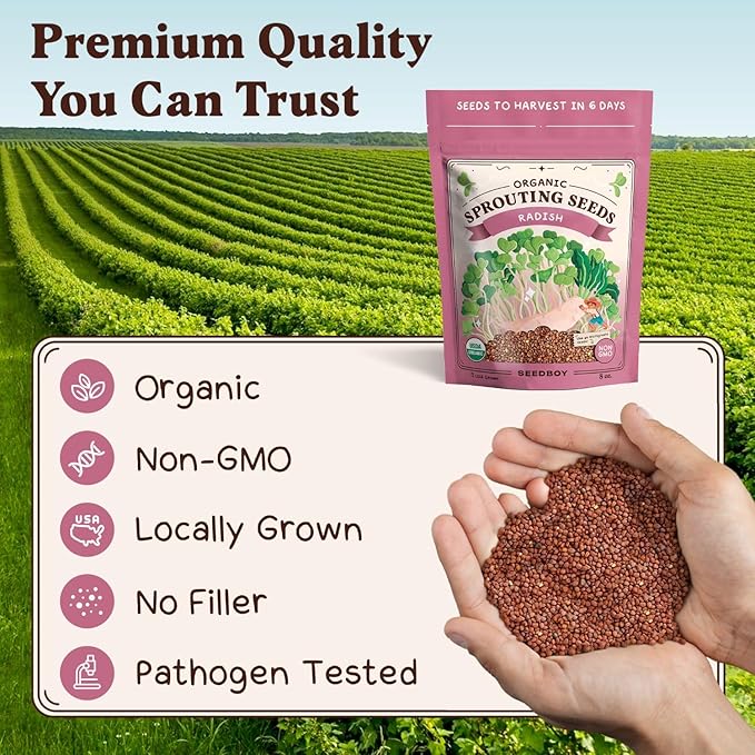 Seedboy Organic Radish Seeds for Sprouting - Non-GMO, USA Grown Microgreens Sprouting Seeds Mix - Makes 8 Quarts of Sprouts, 24 Servings (8 oz) (Daikon Radish)