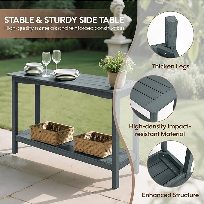Weatherproof HIPS Outdoor Console Table, 48'' 2-Shelf SideTable Indoor/Outdoor Use, Multifunctional Buffet Table Bar Storage Organizer for Entryway,Yard, Patio, Outside Plant Stand Table, Grey