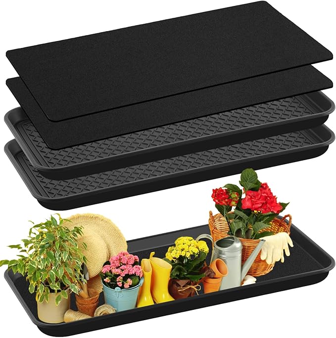 Vesici 4 Pack Large Self-Watering Plant Trays (30"x15") and 3mm Capillary Mat-Automatic Watering System for Indoor/Outdoor Plants, Durable Plastic Seedling Trays for Potted Plant, Garden