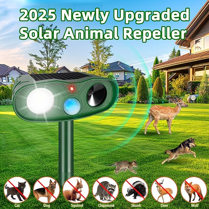 Ultrasonic Animal Repellent Outdoor Deer Repellent Devices,4Pack Solar Rabbit Cat Squirrel Repeller Motion Detection Armadillos Raccoon Squirrel Dog Repellent Deterrent with LED Flash Lights for Yard