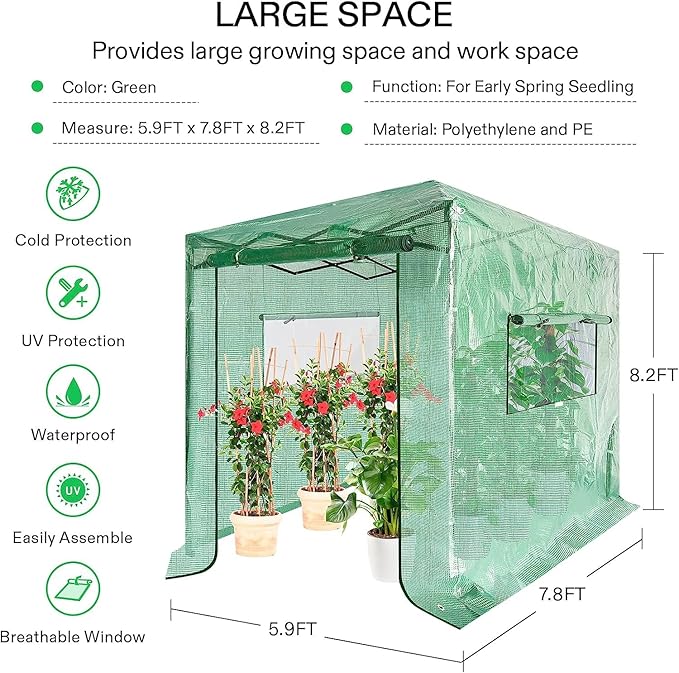 VIVOSUN 8'x6' Portable Walk-in Greenhouse with PE Cover, Instant Pop-up and Walk-in Folding, Roll-Up Zipper Entry Doors and 2-Side Viewing Windows, Easy Setup for Plants Outdoor