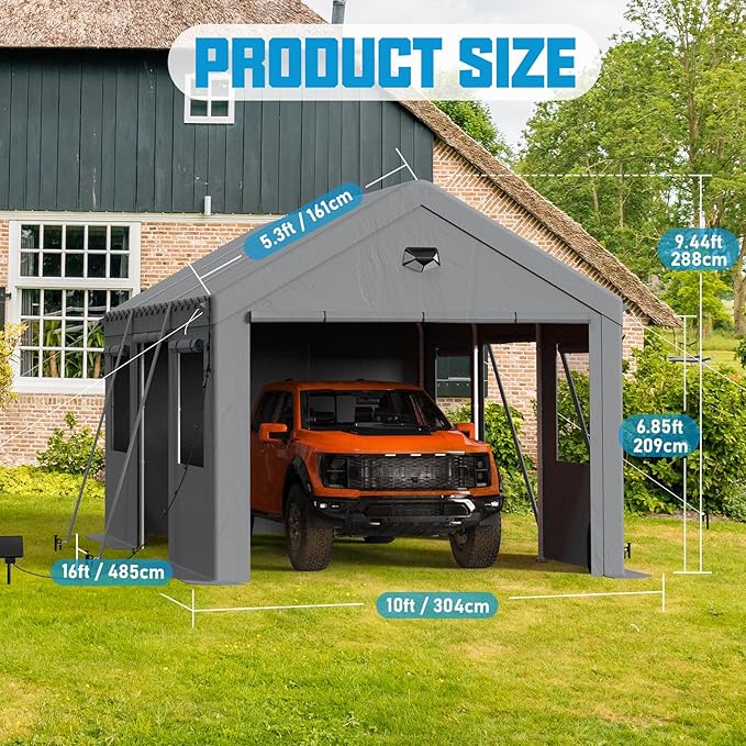 10x16 Carport Canopy, Heavy Duty Car Ports with Sidewalls, Portable Garage Carports with Roll Up Zipper End & Side Doors, Grey