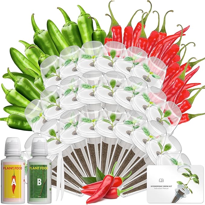 Hot Pepper Seed Pod Kit for Aerogarden, Ahopegarden (24 Pods) – Non-GMO Jalapeno Peppers and Cayenne Chili Peppers, 50+ Seeds per Variety, Includes Plant Food, Compatible with All Hydroponic Systems