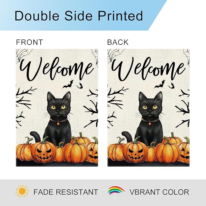 DLZDN Welcome Halloween Black Cat Garden Flag Jack O Lantern Flag 12×18 Inch Double Side Vertical Burlap Farmhouse Yard Sign Holiday Seasonal Outdoor House Decoration