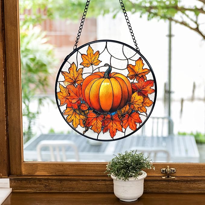 TNUW Fall Pumpkin Stained Glass Window Hanging, Farmhouse Autumn Pumpkin Maple Leaf Sun Catchers Indoor Window Glass Round Wall Art Decor, Rustic Fall Wall Hanging Decorations, 7.9＂x7.9＂