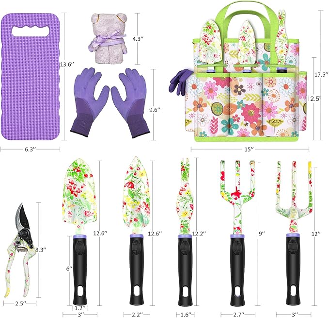 JUMPHIGH Gardening Tool Set, 10 PCS Heavy Duty Aluminum Garden Kit Floral Gardening Gifts for Women, Garden Hand Tools with Non-Slip Rubber Handle, Kneeling Pad, Garden Gloves and Storage Tote Bag