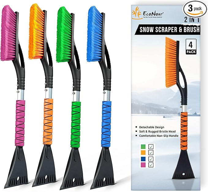 EcoNour 27" Aluminum Snow Brush 4 Pack with Ice Scrapers for Car Windshield and Window | Car Snow Scraper and Brush with Ergonomic Foam Grip Winter Accessories (Orange, Pink, Green, Blue)
