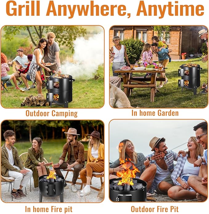 Vertical 17 Inch Charcoal Smoker Grill with Thermometers and Air Vent, Multi-Layer Meat 3-in-1 Portable light weight with 2 Access Doors Grill Smoker (17 INCH)