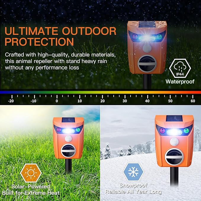 Ultrasonic Animal Repeller Solar Powered Outdoor, 360° Ultrasonic Cat Repeller with LED Flashing Light, Waterproof Deer Repellent Devices for Repelling Sankes, Raccoons, Cats, Dogs, Rabbits