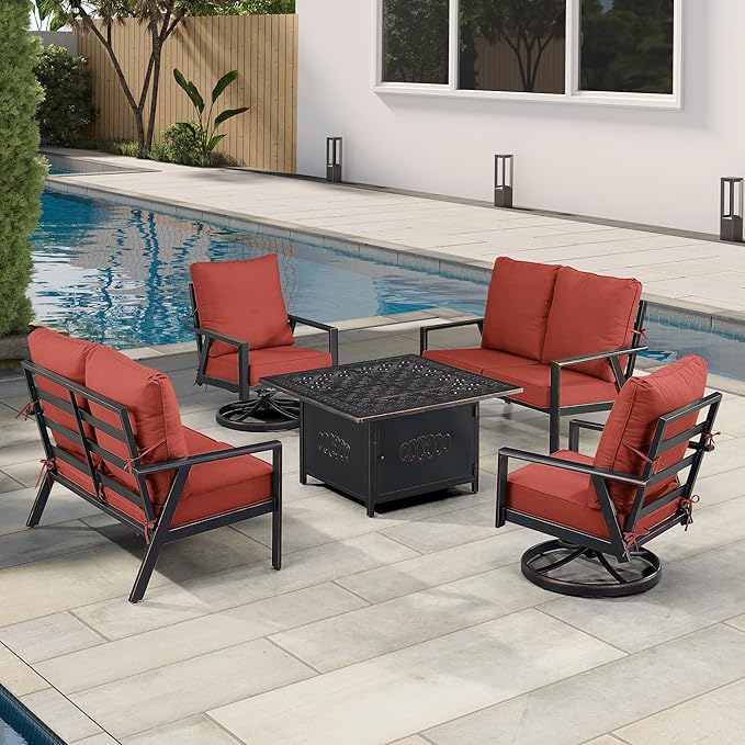 Oakland Living Black Aluminum Patio Fire Table Set with Two Deep Seating Loveseat with Cushions and Two Club Chairs with Red Cushions