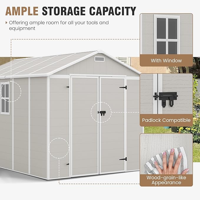 Outdoor Storage Shed, 8x10 FT Resin Shed with Floor and Lockable Door, Window & Vents, Tool Sheds and Outdoor Storage for Bike, Tools, Garden Accessories, Waterproof Sandstone