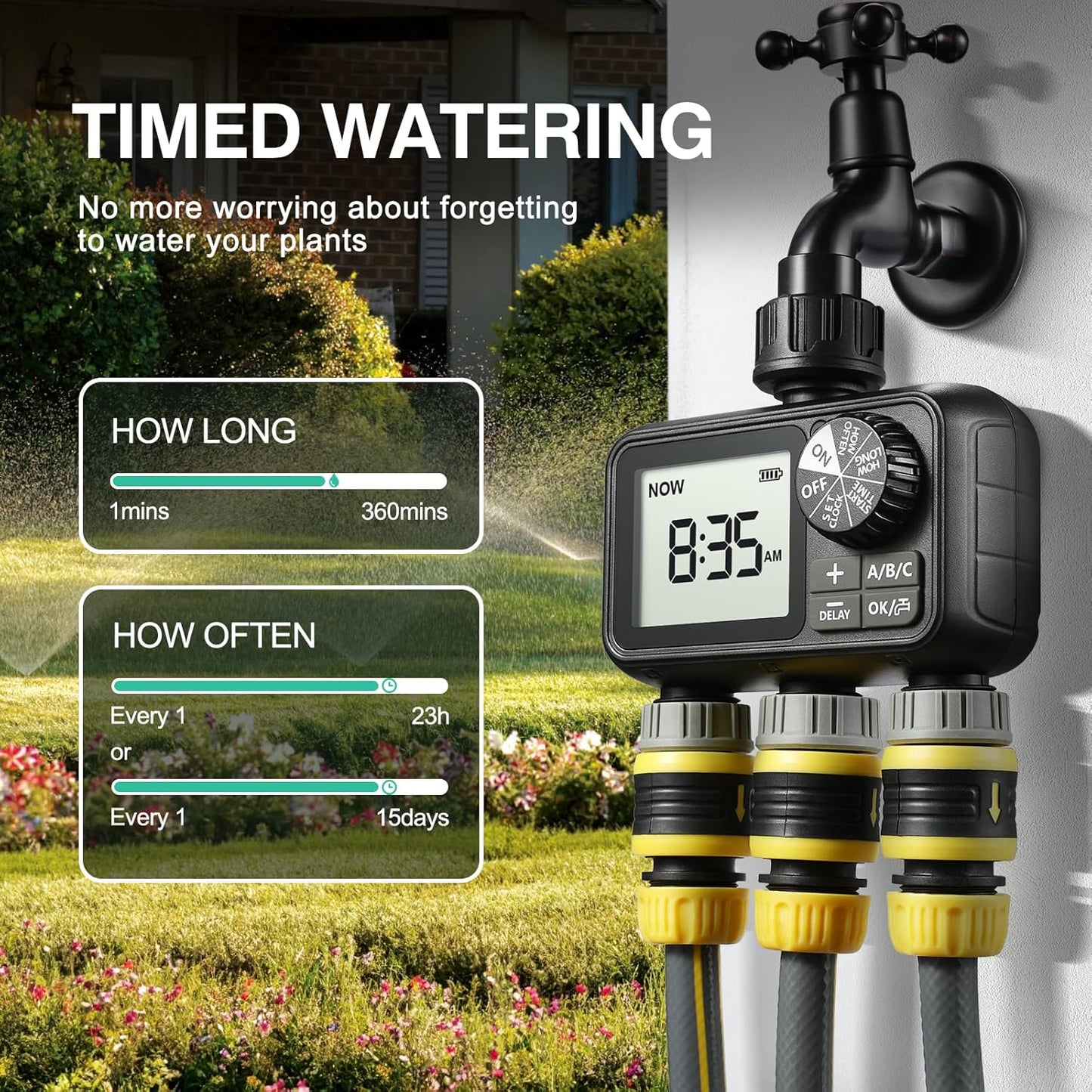 Sprinkler Timer,3 Outlets Programmable Water Timer with Brass Inlet for Garden Hose,Outdoor with Rain Delay/Manual/Automatic Watering System,Digital Irrigation Timers for Yard,Lawn