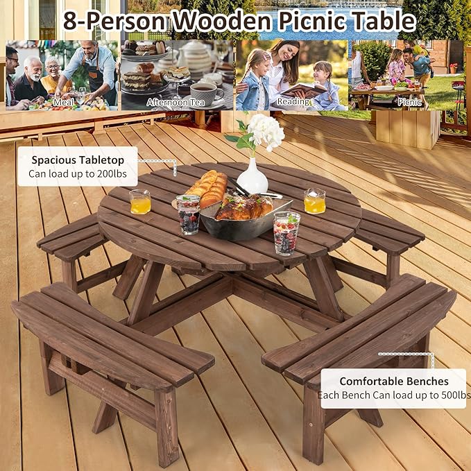 Tangkula 8 Person Wood Picnic Table, Outdoor Round Picnic Table with 4 Built-in Benches, Umbrella Hole, Outside Table and Bench Set for Garden, Backyard, Porch, Patio, 500lbs Capacity Per Bench