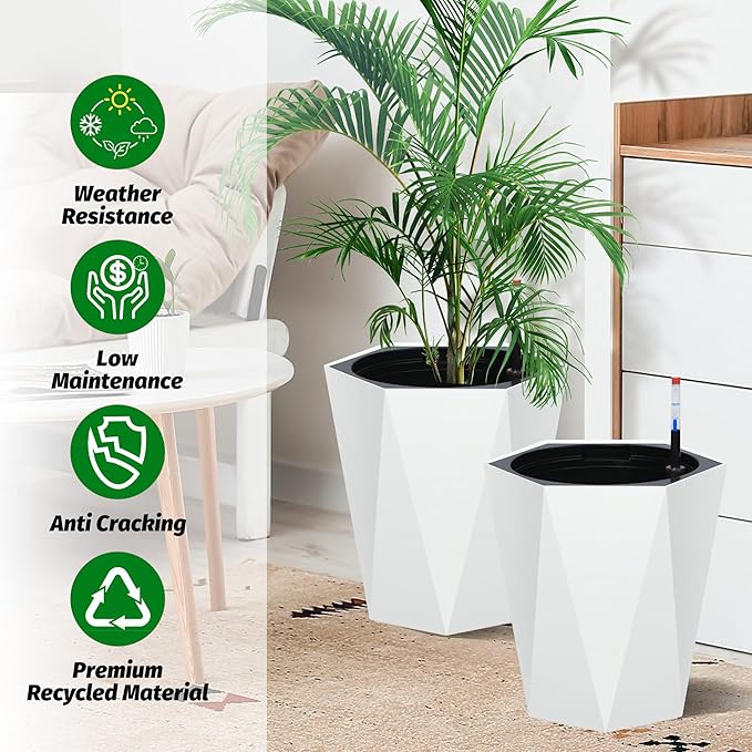 16 Inch Tall Outdoor Planters Set of 2, Self Watering Pots for Indoor Plants with Water Level Monitor & Drainage Hole & Wheels, Large Planter Pots for Garden, Patio, Balcony, White