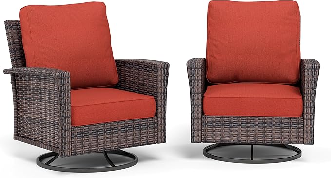 Patio Furniture Set of 2, Rattan Wicker Swivel Chairs with 5.5" Thick Cushions and 35" High Back, Oversized Outside Chairs for Balcony Porch Deck, Red