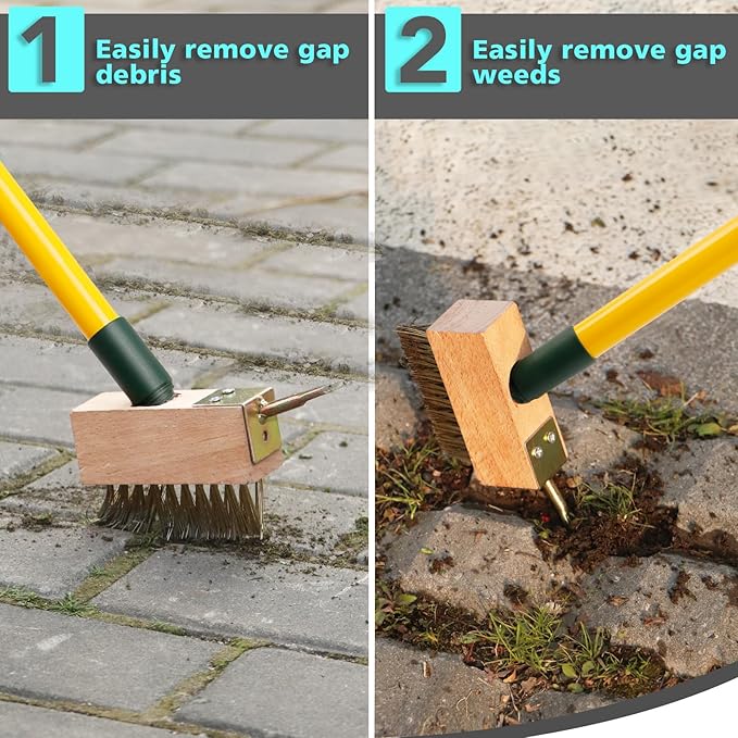 Extendable Weed Brush Telescopic Gardening Tool with Angled Wire Bristles, Spare Heads, and Weeder Scraper for Clearing Weeds, Moss, and Algae from Patios, Driveways, and Block Paving