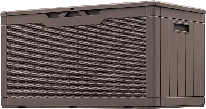 Greesum 100 Gallon Resin Patio Storage Box for Garden Tools, Outdoor Furniture Cushions, Pool Supplies, Dark Brown
