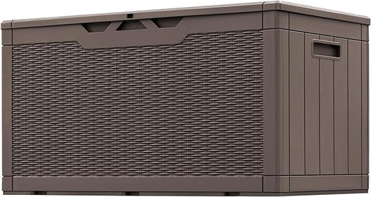 Greesum 100 Gallon Resin Patio Storage Box for Garden Tools, Outdoor Furniture Cushions, Pool Supplies, Dark Brown