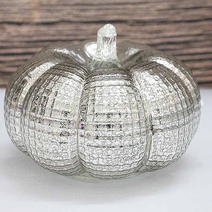 Mercury Glass Pumpkin Lights with Timer, Battery Operated Led Pumpkin Lights for Halloween Fall,Thanksgiving Rustic Decor (Silver Grid-Patterned, 5.5")