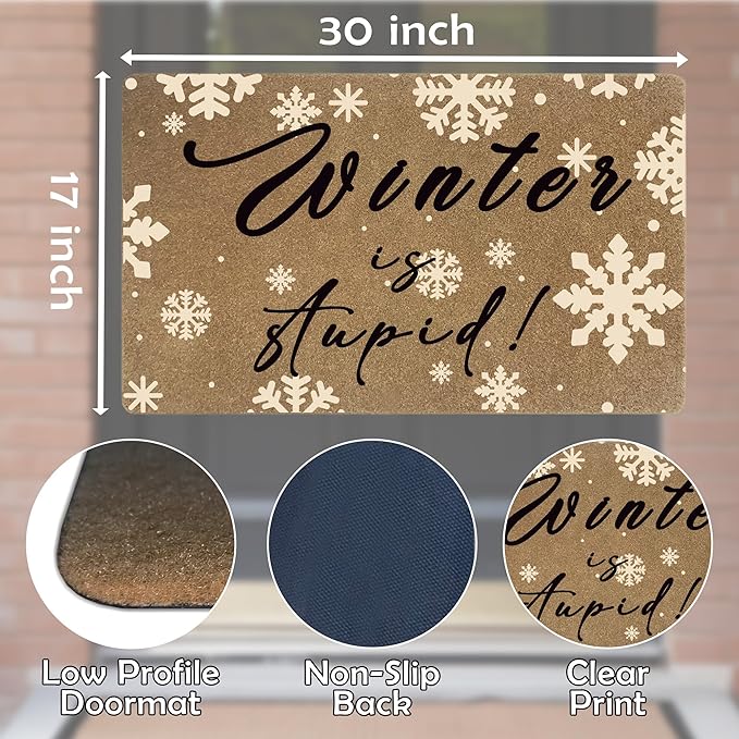 Funny Winter Faux Coir Door Mats Outdoor, Holiday Winter Christmas Door Mat for Home Outside Entryway, Christmas Snowflake Welcome Doormat for Indoor Outdoor Porch Entrance, 17x30 Inch