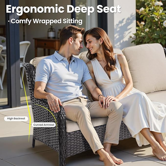 ovios 8 Pieces Patio Furniture Set, Outdoor Wicker Sofa Couch with Swivel Chairs 42" Fire Pit Table, All Weather High Back Modern Conversation Sets, Brown Rattan, Beige