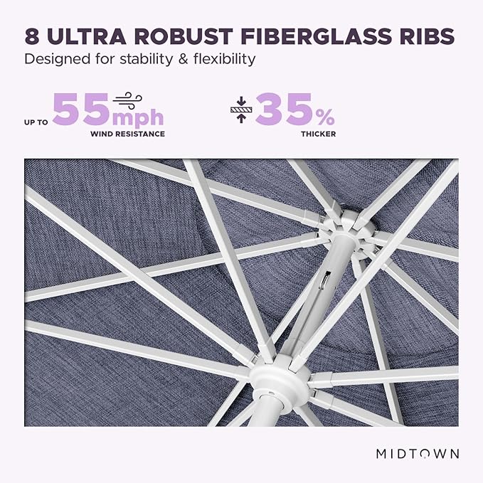 Midtown Umbrellas The Swilt 9 Feet Patio Umbrella in Terylast Purple Texture Polyester Fabric - Fiberglass Ribs, Auto-Tilt Aluminum Frame For Backyard, Deck, Garden, Pool - White Pole