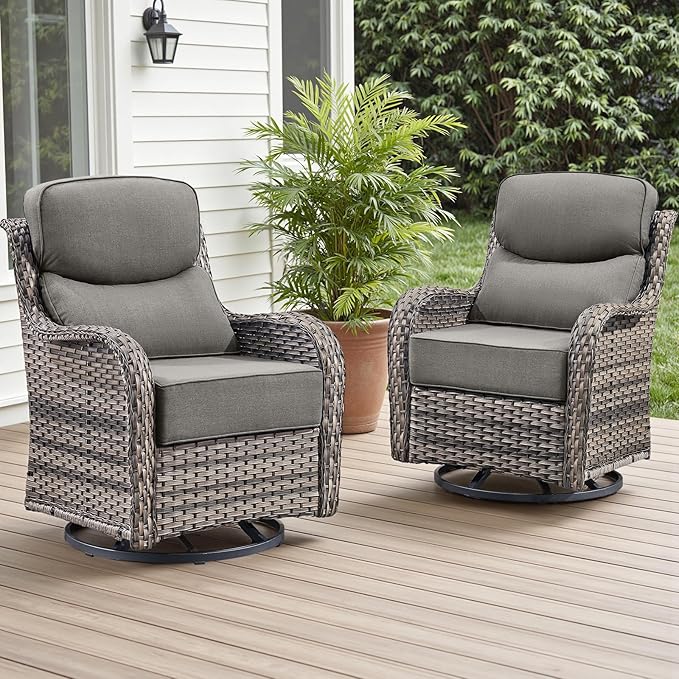 Outdoor Patio Swivel Rocker Chairs Set of 2, Waterproof Wicker, High Back, Deep Seating, Wide Armrest, Upgraded 6 inch Thick Cushions, Ideal for Deck Porch Backyard, Mixed Grey-Grey