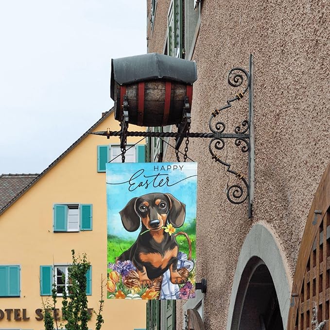 Flower Dachshund Dog Happy Easter Bunny Cute Egg Garden Flag Welcome Party Outdoor Outside Decorations Picks Home House Garden Yard Decor 12x18 Inch