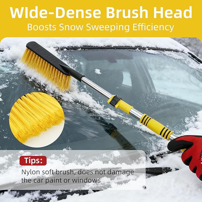 Telescoping Car Snow Brush & Ice Scraper - Detachable Handle, Extra Wide Bristles, Foam Grip - Portable Vehicle Snow Tool