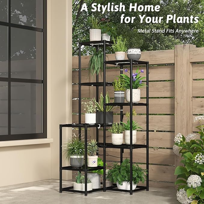 Corner Plant Stand With Grow Lights Plant Stand Indoor Plant Shelf Metal Plant Rack Plant Holder Flower Pot Stand for Multiple Plants for Living Room Patio Balcony Garden Porch Black