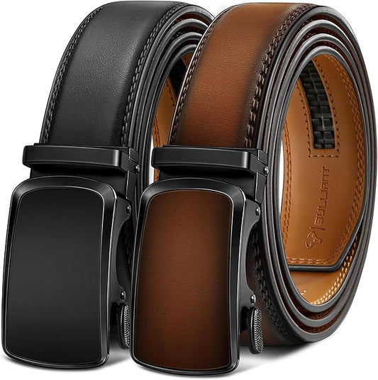 BULLIANT Men's Ratchet Belt 2 Pack-Click Leather Belt Adjustable for Men Gift 1 3/8-Cut for Perfect Fit