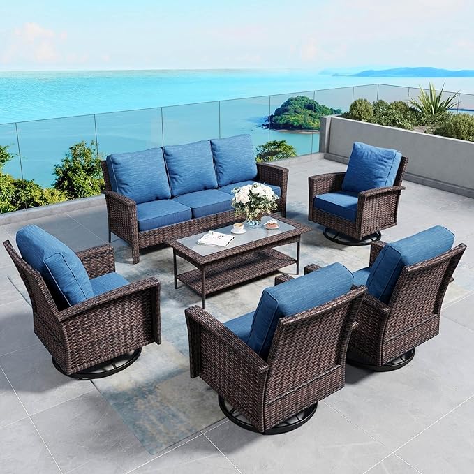6 Pieces Patio Furniture Set with Swivel Chairs, High Back Wicker Rattan Sofa with Extra Thick Cushion and Coffee Table, Outdoor Conversation Set for Garden Backyard Deck, Blue