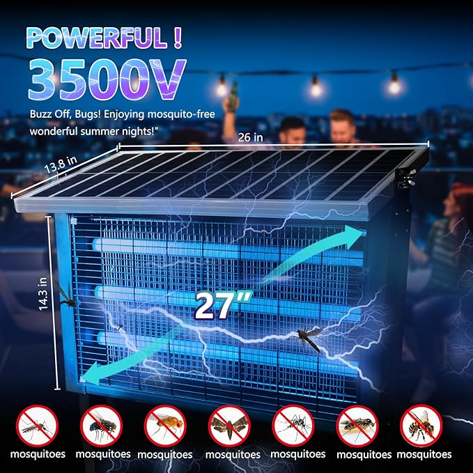 Powerful Super Large Solar Bug Zapper Outdoor for 8000 sq.ft, Poartable Rechargeable Mosquito Zapper with High Powered, Cordless Solar Fly Zapper for Patio Garden Backyard RV Camping Pond Pest Control