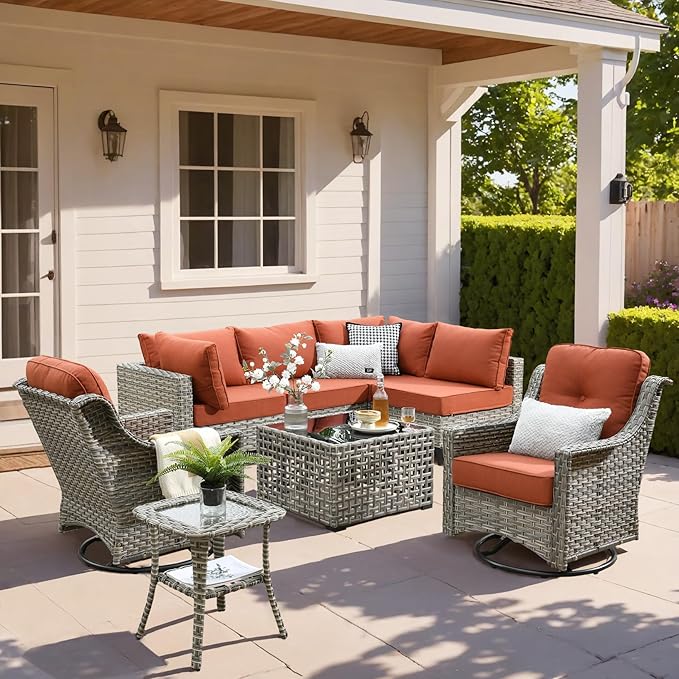 HOOOWOOO Outdoor Patio Furniture Set,8 Pieces Wicker Out Door Sectional Furniture L Shaped Couch,Patio Conversation Sets with Swivel Rocking Chair LED Table,Orange Red