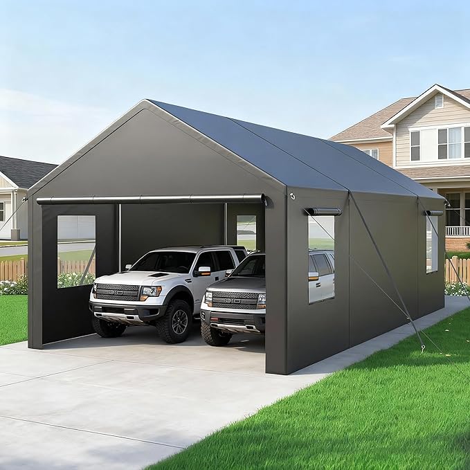 13x25 Ft Carport, Car Ports with 180g PE Tarp, Side-Opening Door & Roll-Up Windows, Carport Canopy, Portable Garage for Car, Truck, Boat, and SUVs,Motorcycle