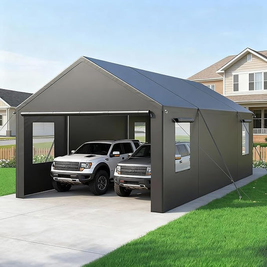 13x25 Ft Carport, Car Ports with 180g PE Tarp, Side-Opening Door & Roll-Up Windows, Carport Canopy, Portable Garage for Car, Truck, Boat, and SUVs,Motorcycle