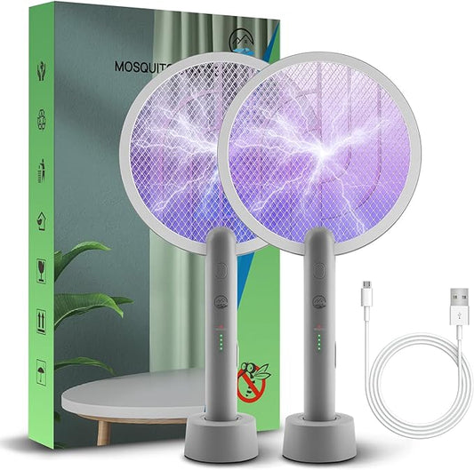 Electric Fly Swatter Racket, Mosiller 4000V 2 in 1 Bug Zapper with USB Rechargeable Base, Powerful Mosquitoes Trap Lamp & Fly Killer with 3-Layer Safety Mesh for Home, Indoor, Bedroom, Patio (2 Pack)