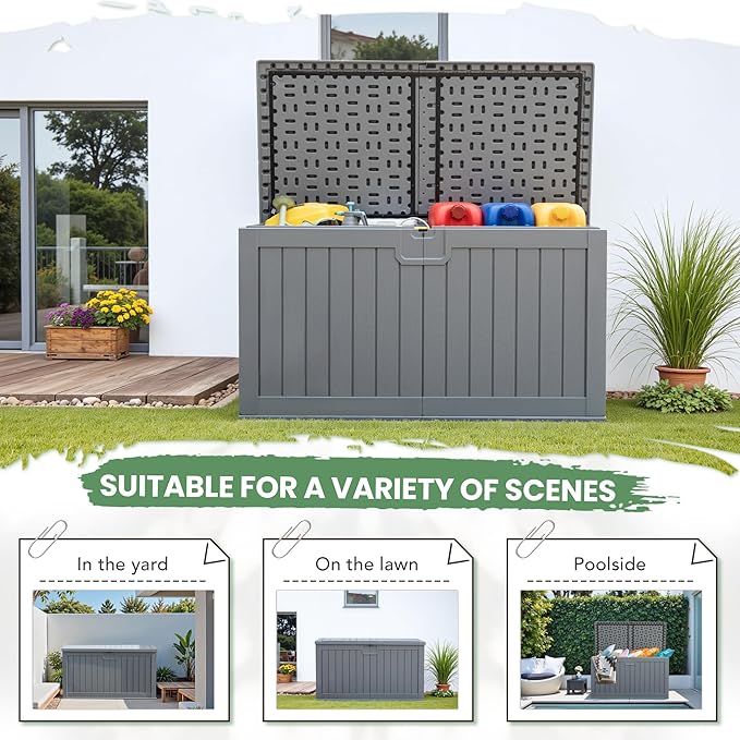 Greesum 230 Gallon HDPE Outdoor Storage Box with Removable Dividers, Weatherproof Oversized Deck Box for Patio, Garage, Garden, Gray