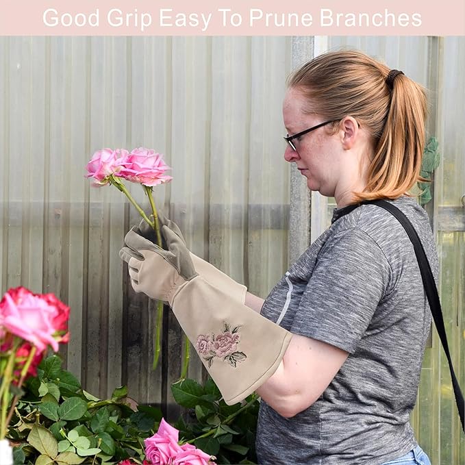 Long Gardening Gloves for Women,Durable Rose Pruning Gloves Thorn Resistant for Weeding Planting Digging(Large,1 Pair)