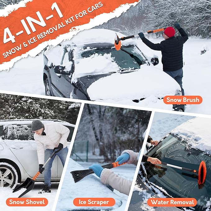 TONDA Snow Brush and Ice Scraper for Car Windshield, 180° Rotating Brush with Squeegee, Extendable Handle with Foam Grip, Snow Shovel for Cars, Trucks & SUVs, Orange