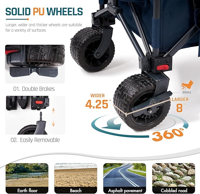 53.5" Extra Long Collapsible Wagon with Tailgate, 325lbs Heavy Duty Utility Folding Cart with All-Terrain 8"x 4.25" Big Wheels and Brakes, Foldable Beach Wagon for Garden Sports Camping Shopping