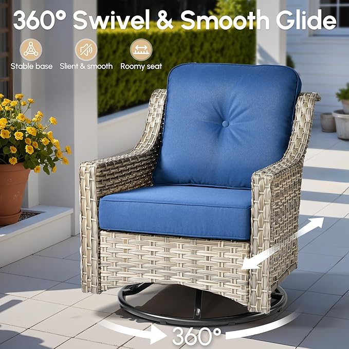 8 Pieces Patio Outdoor Furniture Set with Swivel Rocking Chairs,All Weather Wicker Rattan Patio Seating Sofa and Chair Set w/Ottoman,Outdoor Conversation Sets for Deck Yard Garden,Navy Blue