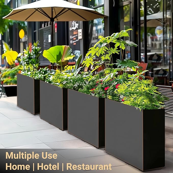 Metallic Heavy Outdoor Planter Box, Span Planter, Long and Tall Divider, 30Lx10Wx24H, Black with Gold Rim, 30.8 Pounds